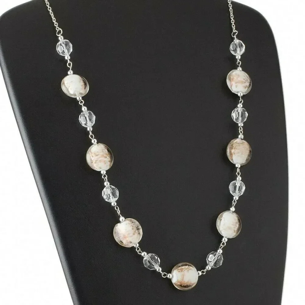 Handcrafted Murano Glass Puffed Coin Beads Clear White with Gold Sand Necklace